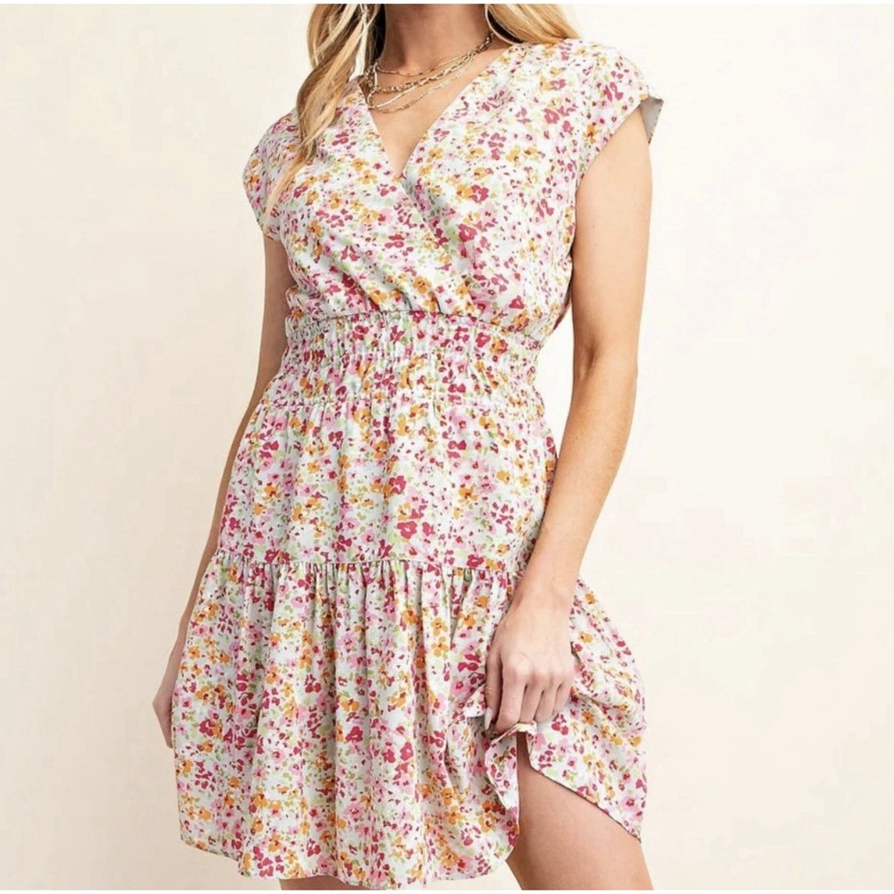 Kori Women Floral Smocked Waist V-Neck Tiered Mini Dress Multi-Color B9766 S